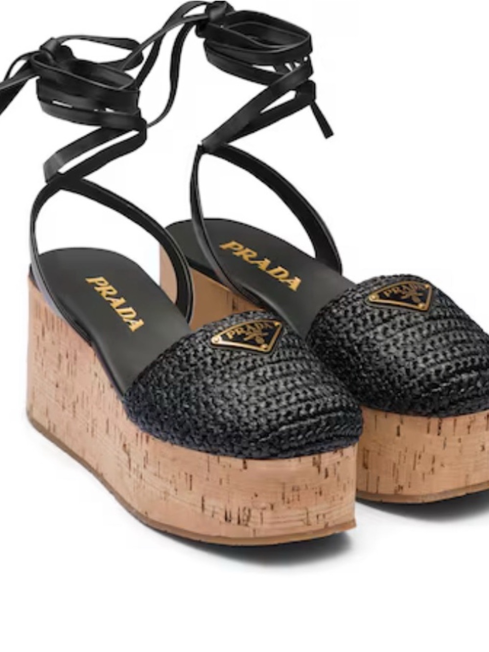 Prada Black Raffia Platform Cork Wedge Sandals with Ankle Wrap UNWORN (SOLDOUT)